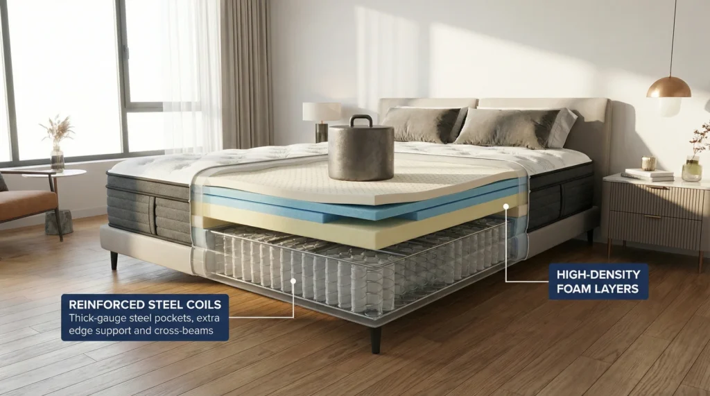 A cross-section of a hybrid mattress highlighting reinforced steel coils and supportive foam layers designed for plus-size sleepers.