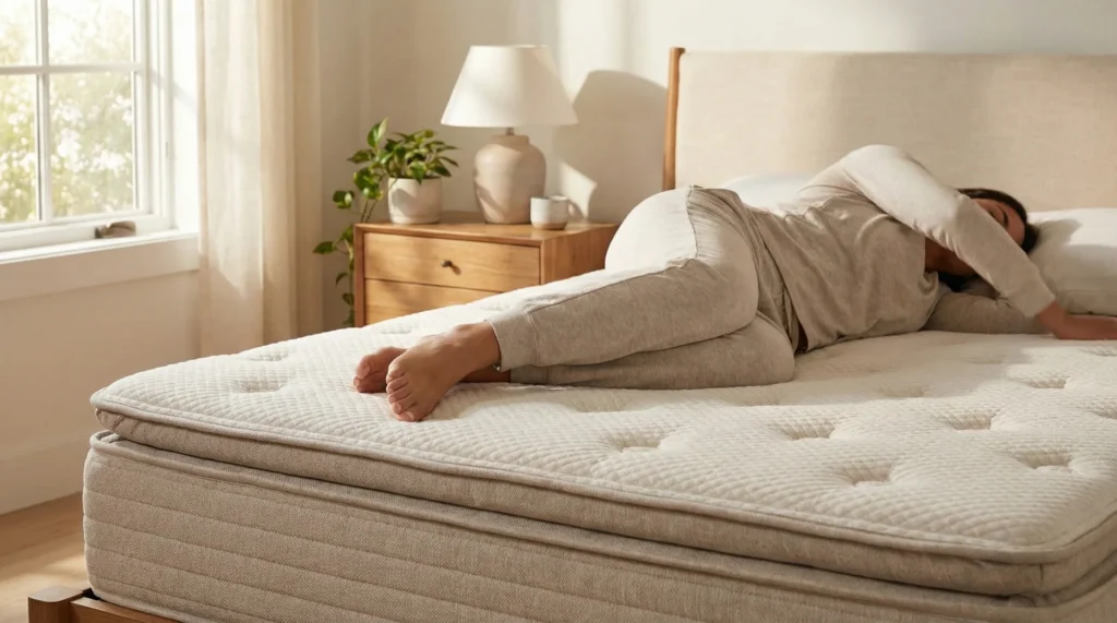 A person comfortably changing positions on a medium-firm mattress that provides support and bounce.
