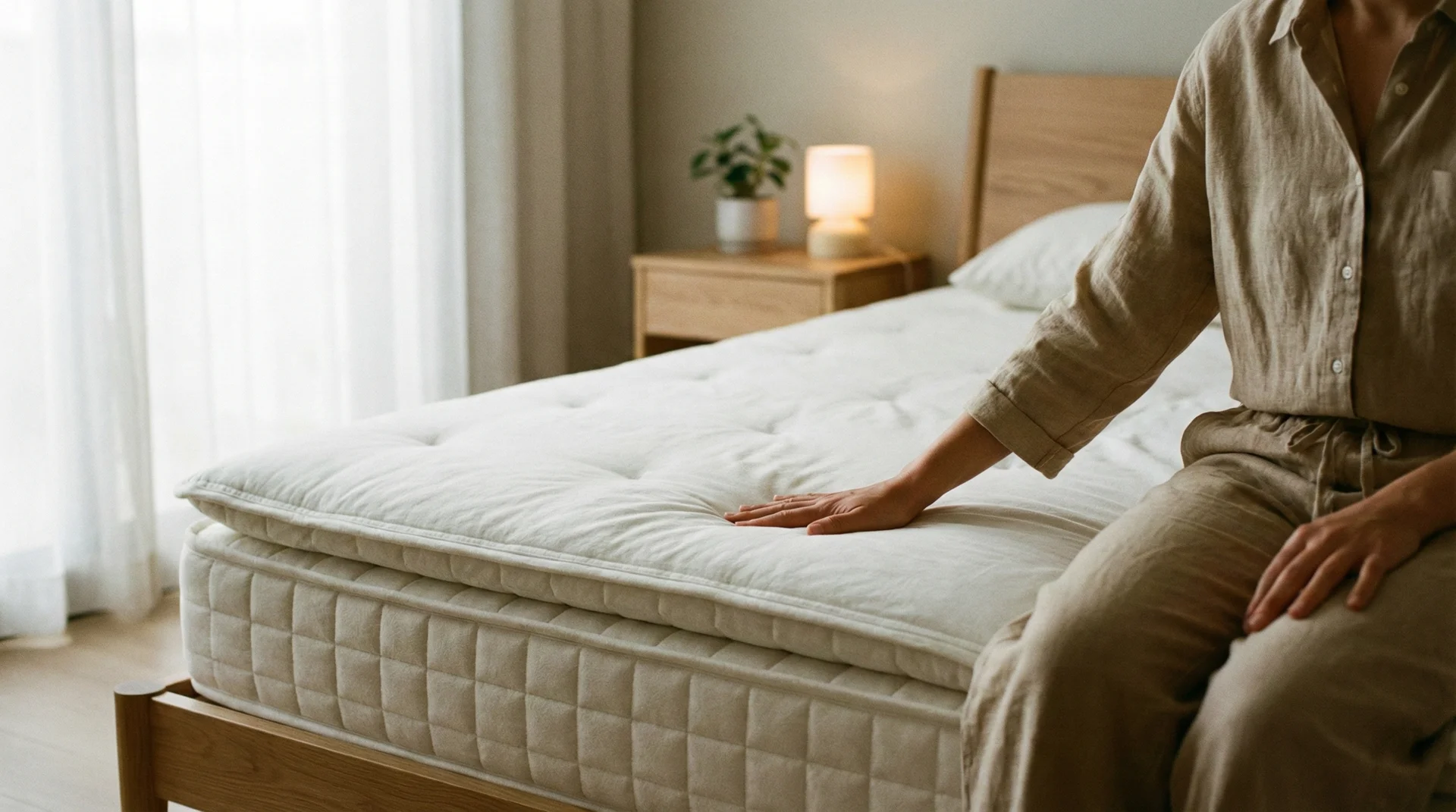 A person testing the firmness of a high-quality mattress by pressing their hand into the surface in a bright, cozy bedroom.