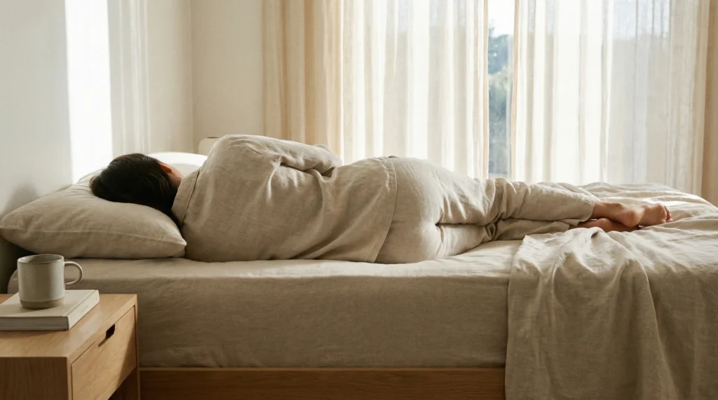 A person lying on their side on a medium-firm mattress showing perfect spinal alignment to relieve back and hip pain.