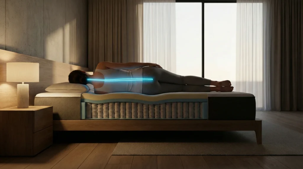 A 3D visualization showing a person lying on their side with a glowing line illustrating perfect spinal alignment on a supportive mattress.