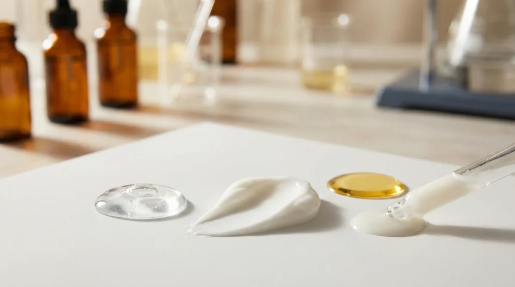 A macro shot showing various skincare textures like clear gel, thick white cream, and golden oil representing different ingredient groups.