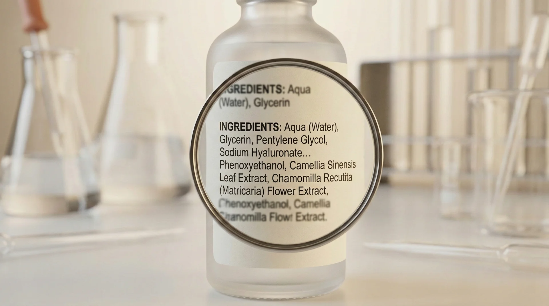 A close-up view of a cosmetic product label showing the ingredient list in descending order of concentration under a magnifying glass.