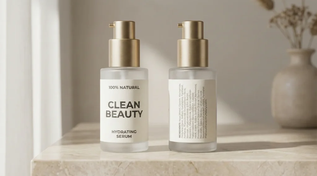 A side-by-side comparison of a skincare bottle front with marketing buzzwords and the back showing a detailed ingredient list.