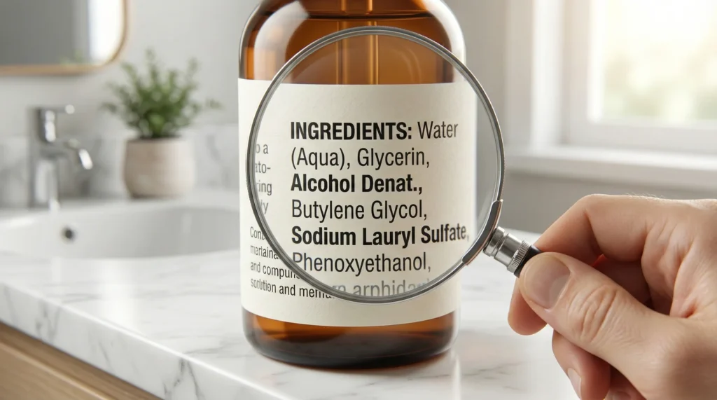 A magnifying glass held over a skincare product label highlighting harsh ingredients like alcohol and sulfates.