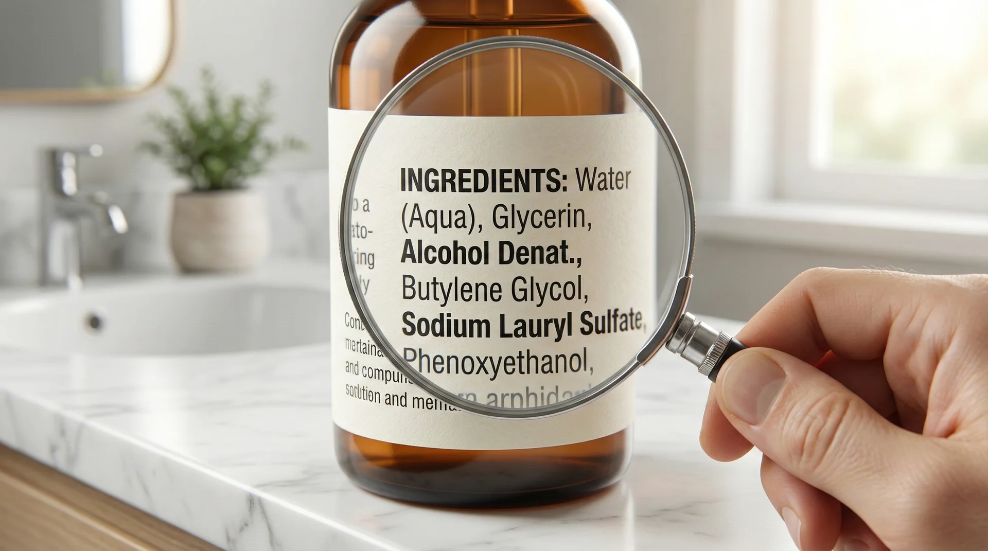 A magnifying glass held over a skincare product label highlighting harsh ingredients like alcohol and sulfates.