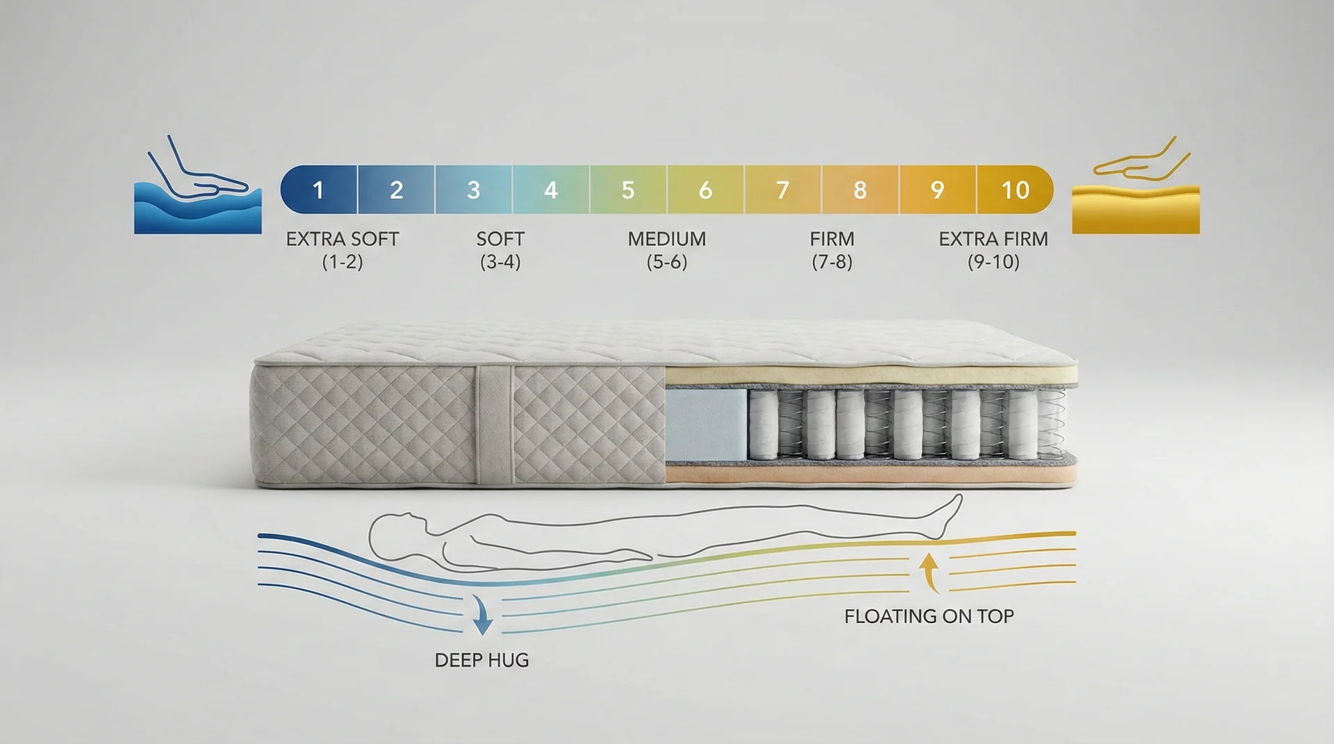 A detailed 3D illustration showing a mattress with a 1 to 10 firmness scale overlay, ranging from extra soft to extra firm.