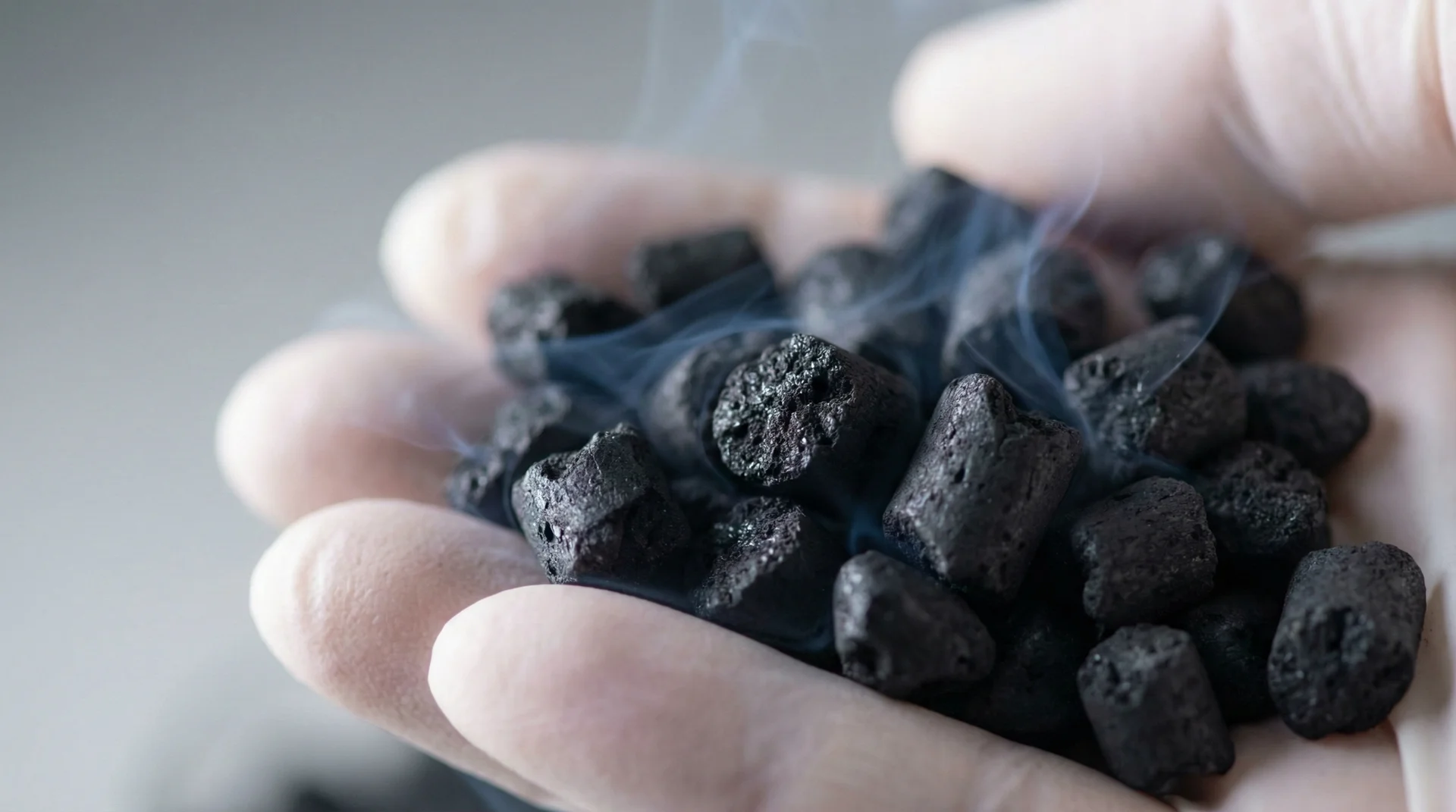 A macro view of granulated activated carbon pellets used in air purifiers to filter odors and VOCs.