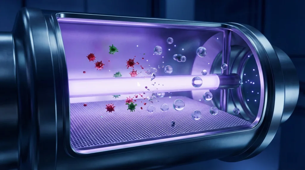 A 3D visualization of UV-C light and PECO technology destroying pollutants inside an air purifier chamber.