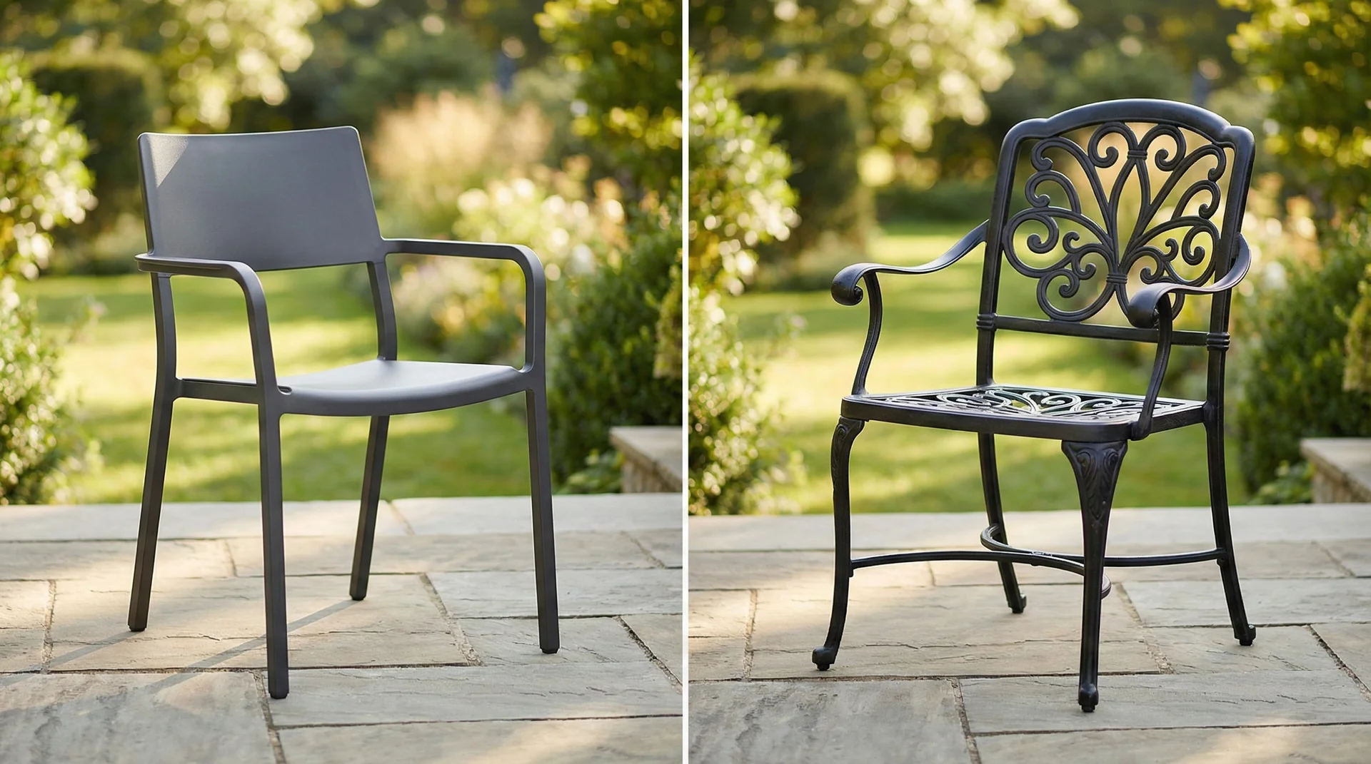 A comparison between a modern charcoal aluminum patio chair and an ornate black wrought iron chair on a stone terrace.