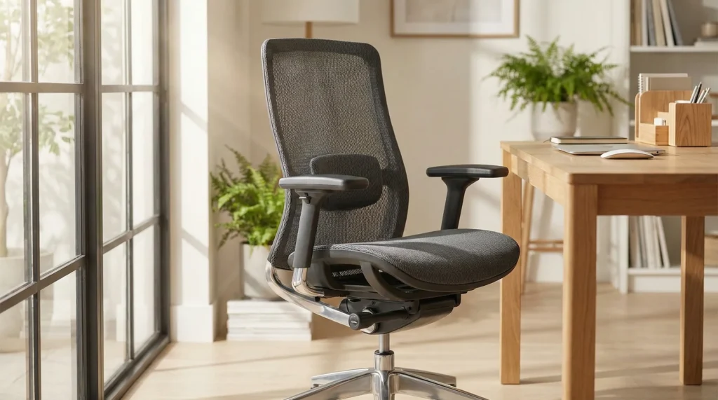 A modern, high-quality ergonomic office chair with lumbar support in a bright, sunlit home office setting.