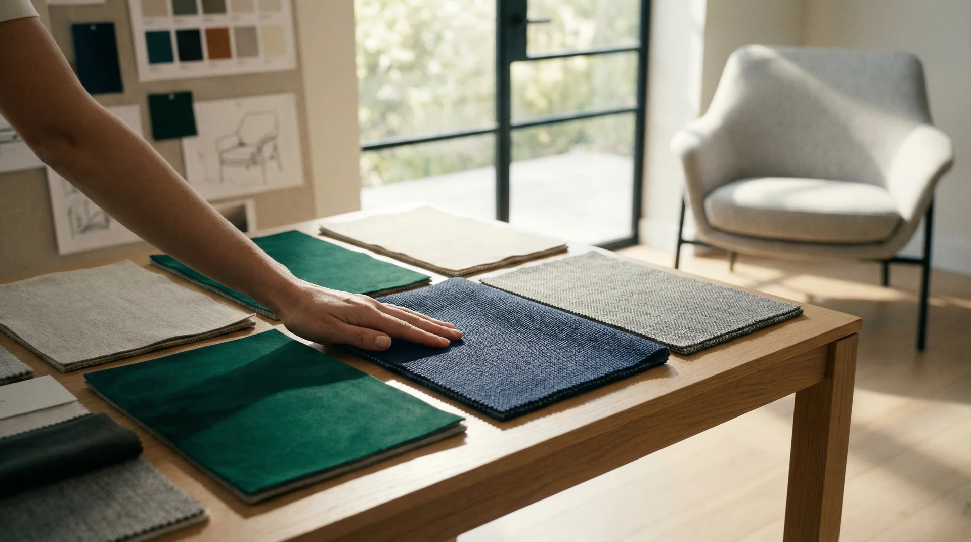 Close-up of various upholstery fabric swatches like velvet, linen, and performance blends arranged on a wooden table in a bright interior design studio.