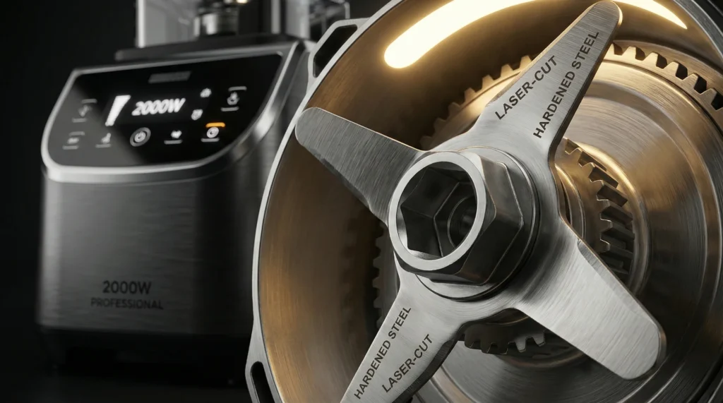 A detailed macro view of stainless steel blender blades and a metal drive assembly.