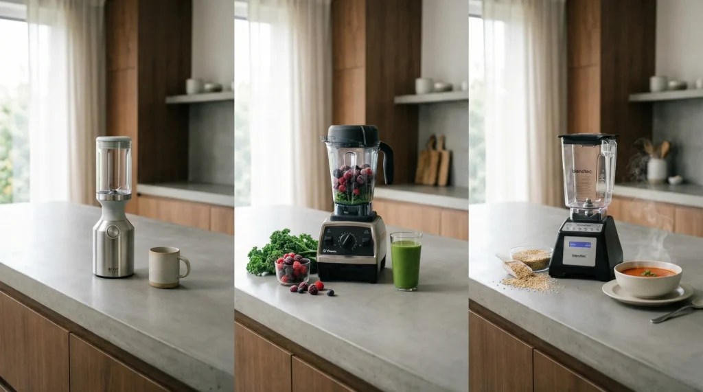 A side-by-side comparison of minimalist, daily ritualist, and culinary powerhouse blender setups on a kitchen counter.