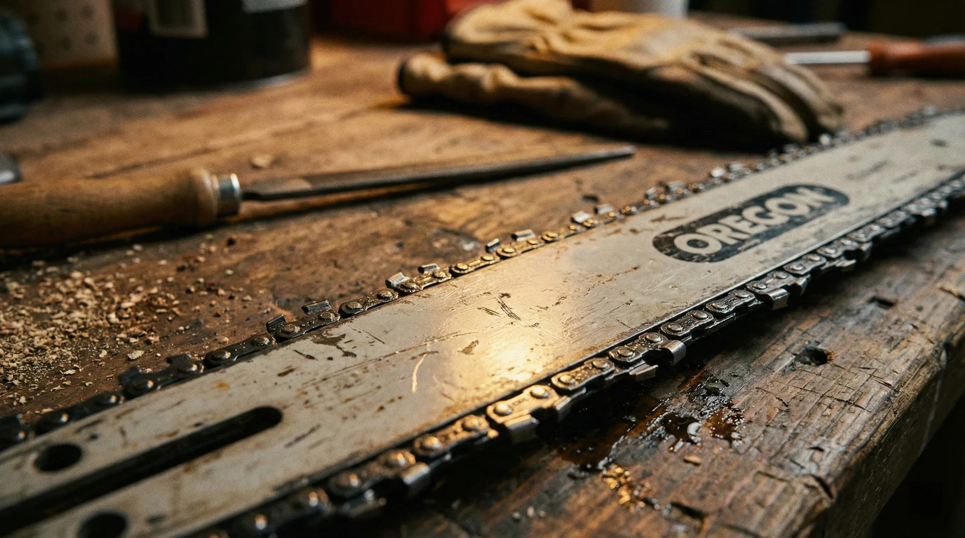 A close-up shot of a well-maintained and properly tensioned chainsaw chain on a guide bar.