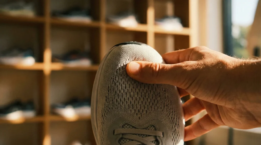 A person using their thumb to check the space at the front of a running shoe for a proper fit.