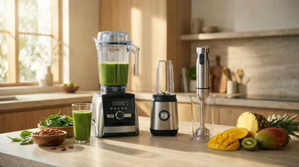 A variety of different blenders including a professional model, a personal bullet blender, and an immersion blender arranged on a marble kitchen counter with fresh smoothie ingredients.