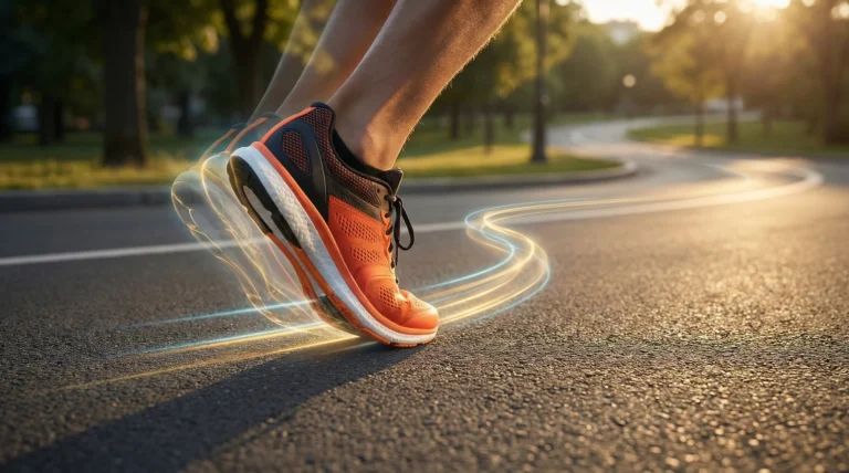 Close-up of a runner's foot in mid-stride on a road, featuring a subtle light trail representing gait and foot mechanics.