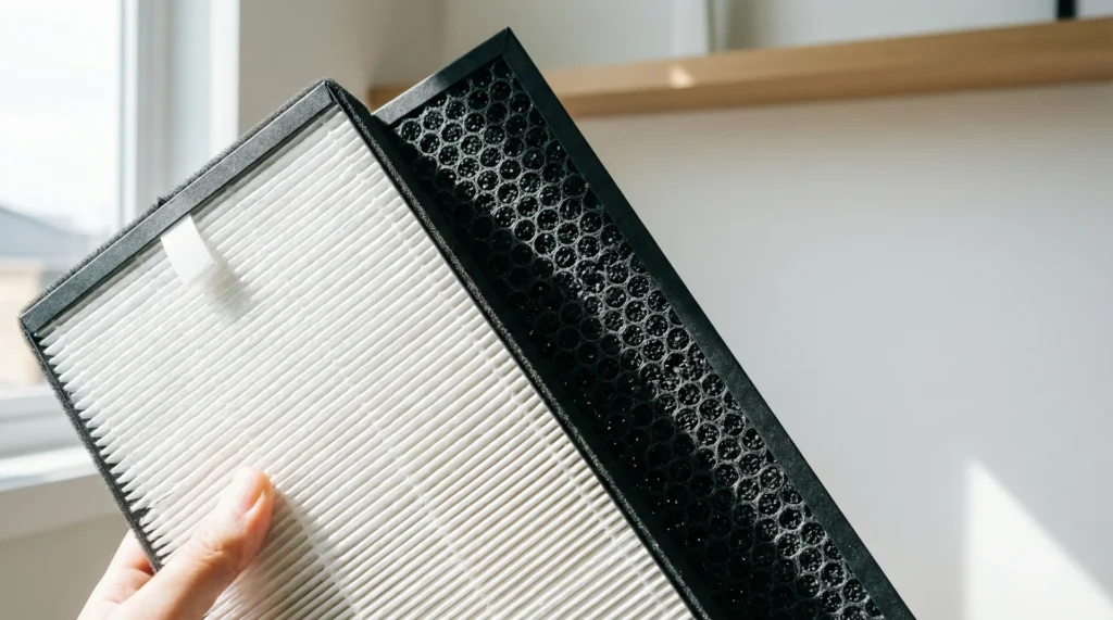 A detailed view of a 3-in-1 air purifier filter showing the pleated HEPA and black activated carbon layers.