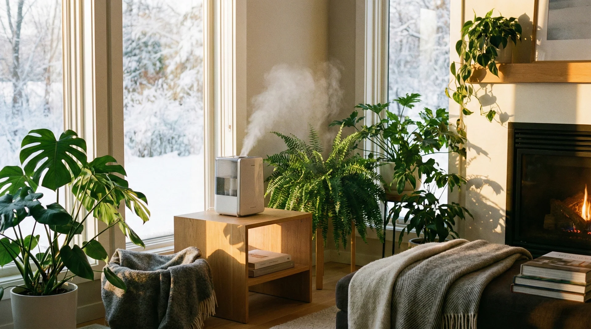 A modern humidifier emitting a soft mist in a sunlit, cozy living room with green plants and a wintry window view.
