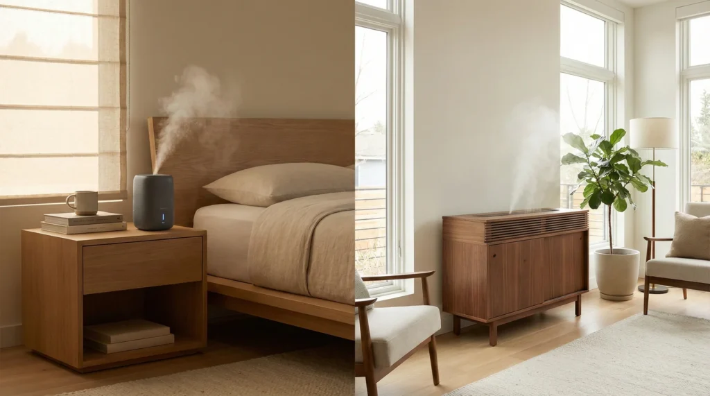 A side-by-side comparison of a small portable humidifier in a bedroom and a large console humidifier in a spacious living room.