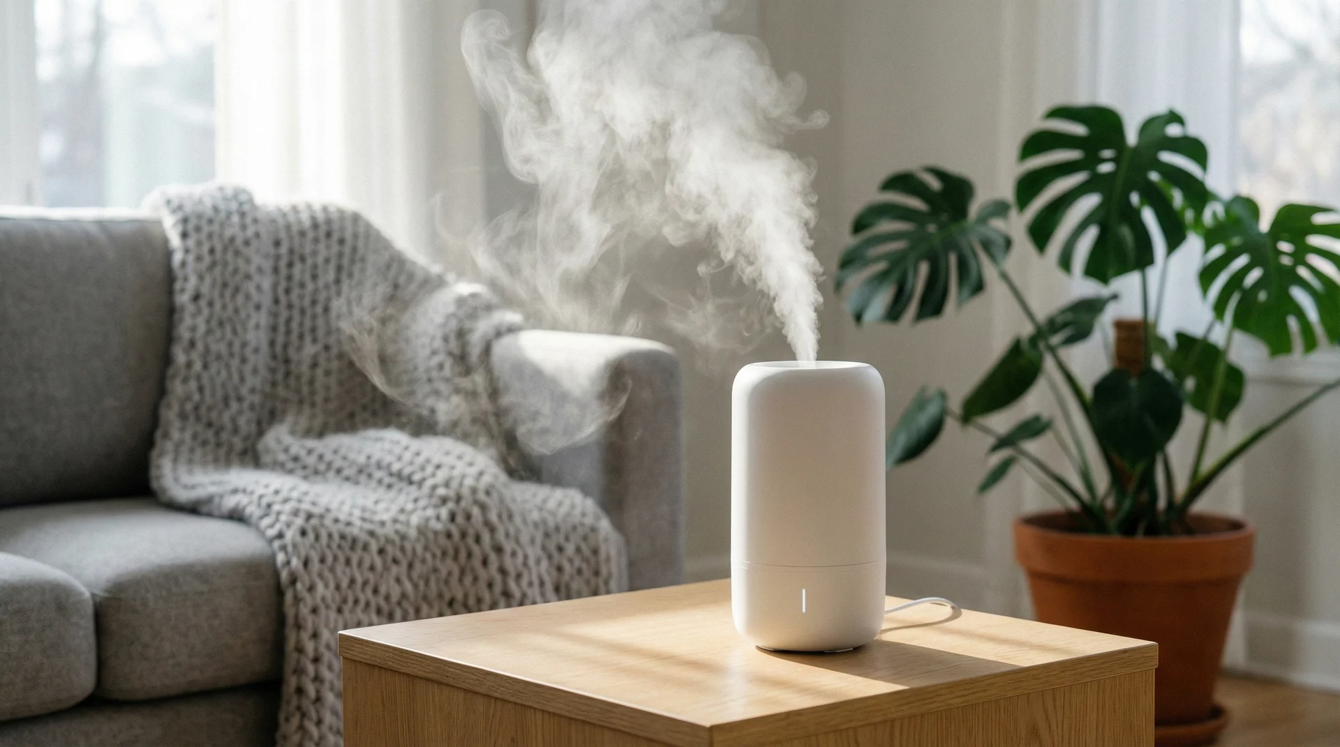 A sleek modern humidifier emitting a gentle mist on a wooden side table in a bright, cozy living room with plants in the background.