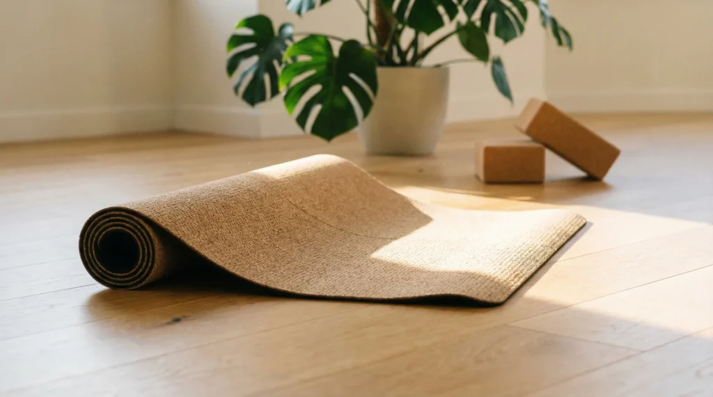 A high-quality green yoga mat unrolled on a sunlit wooden floor in a peaceful studio setting.