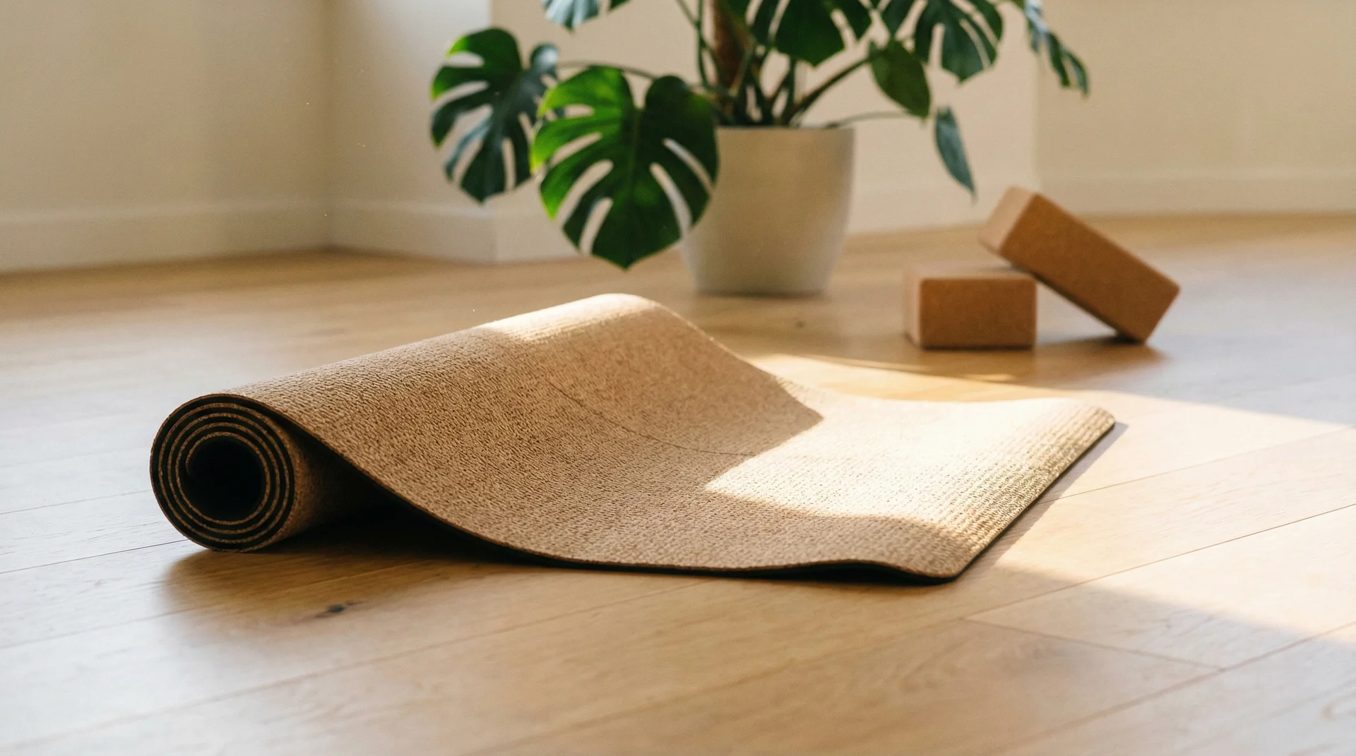 A high-quality green yoga mat unrolled on a sunlit wooden floor in a peaceful studio setting.