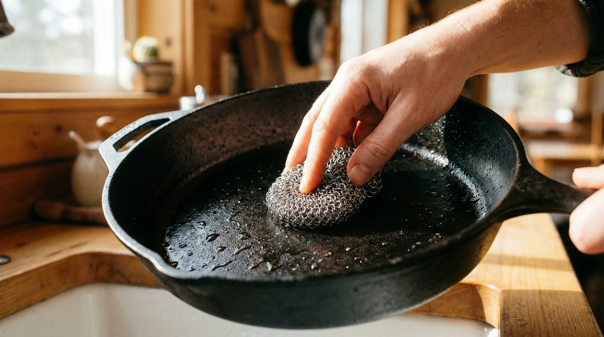 A person using a chainmail scrubber to clean a seasoned cast iron skillet in a rustic kitchen.
