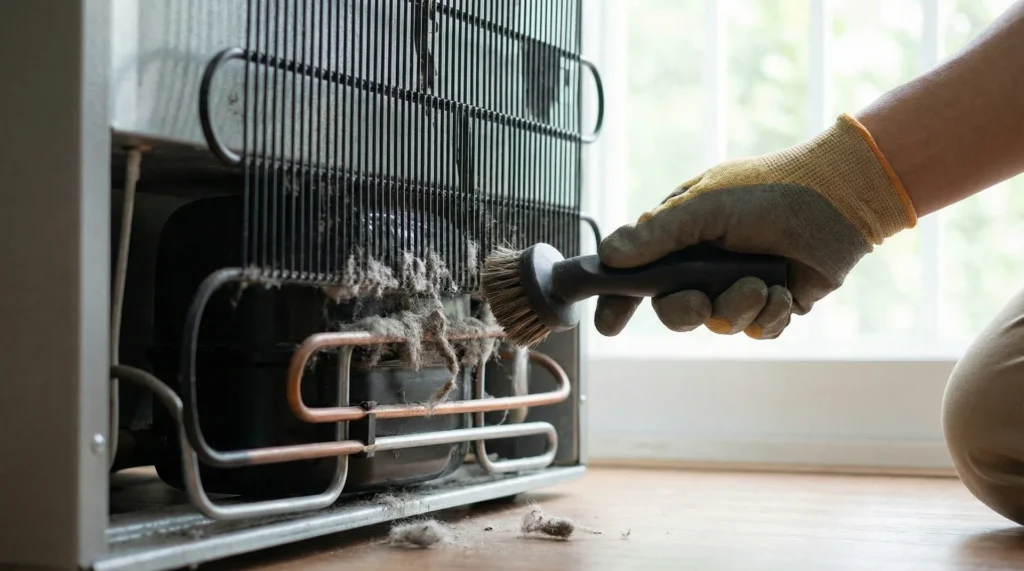 A person using a vacuum brush to clean dust off the metal condenser coils of a refrigerator.