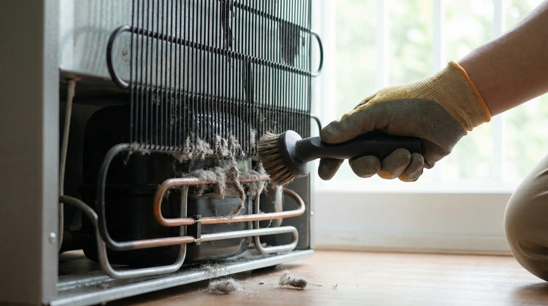 A person using a vacuum brush to clean dust off the metal condenser coils of a refrigerator.