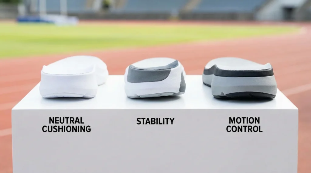 A side-by-side comparison of neutral, stability, and motion control running shoes showing different midsole densities and support structures.