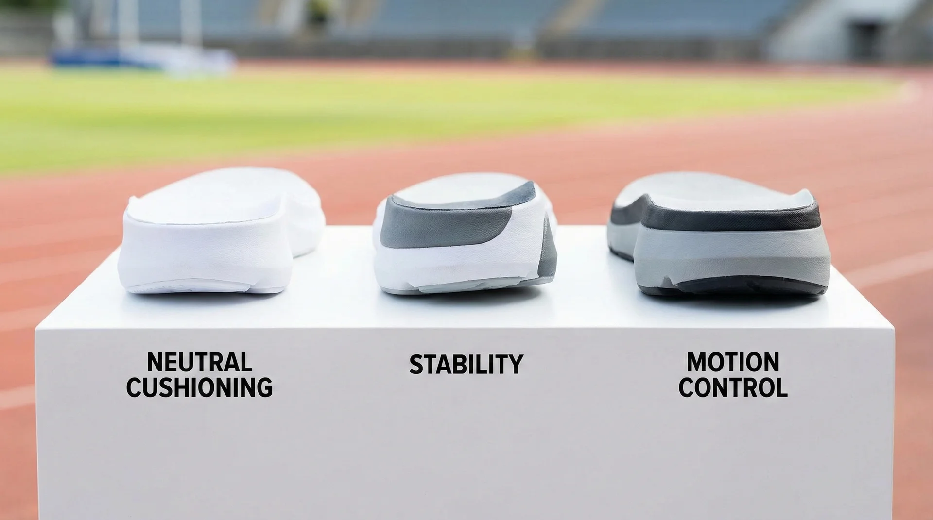 A side-by-side comparison of neutral, stability, and motion control running shoes showing different midsole densities and support structures.