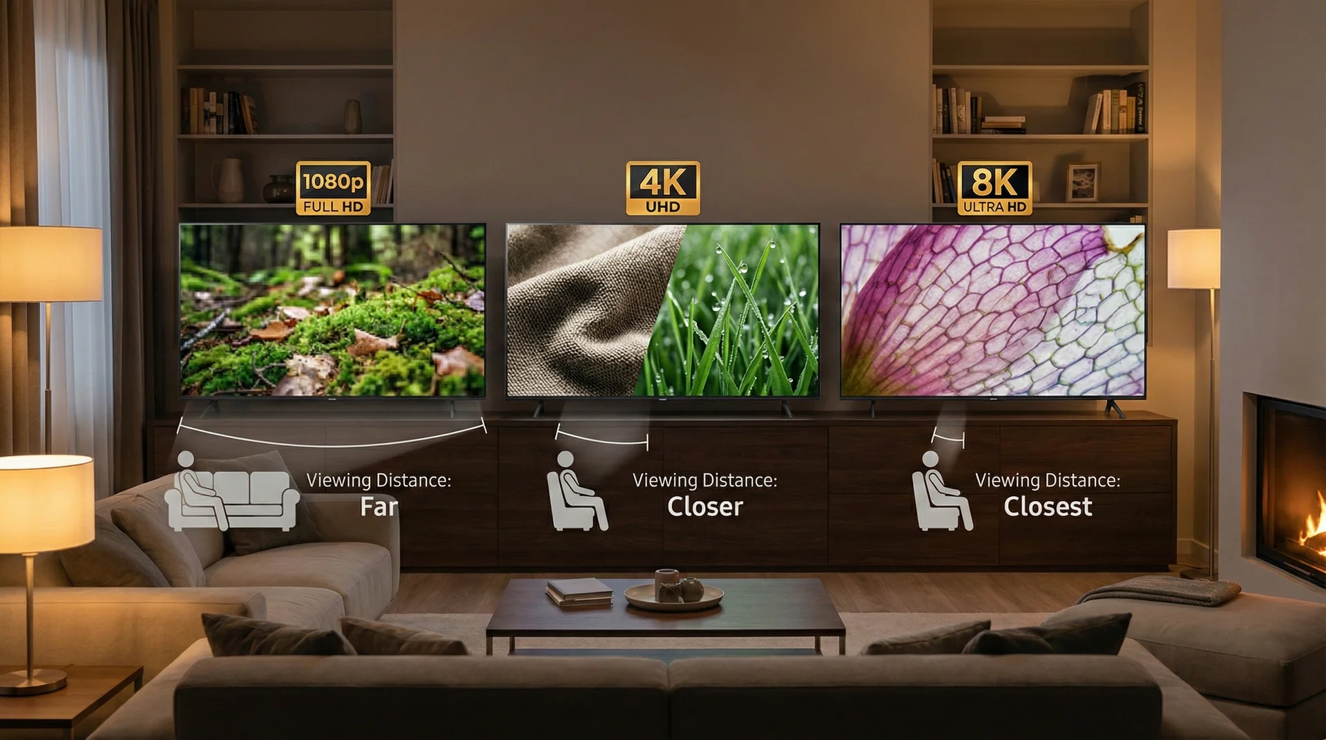 A graphic showing the difference in pixel density and optimal viewing distance between 1080p, 4K, and 8K resolutions on a large screen TV.