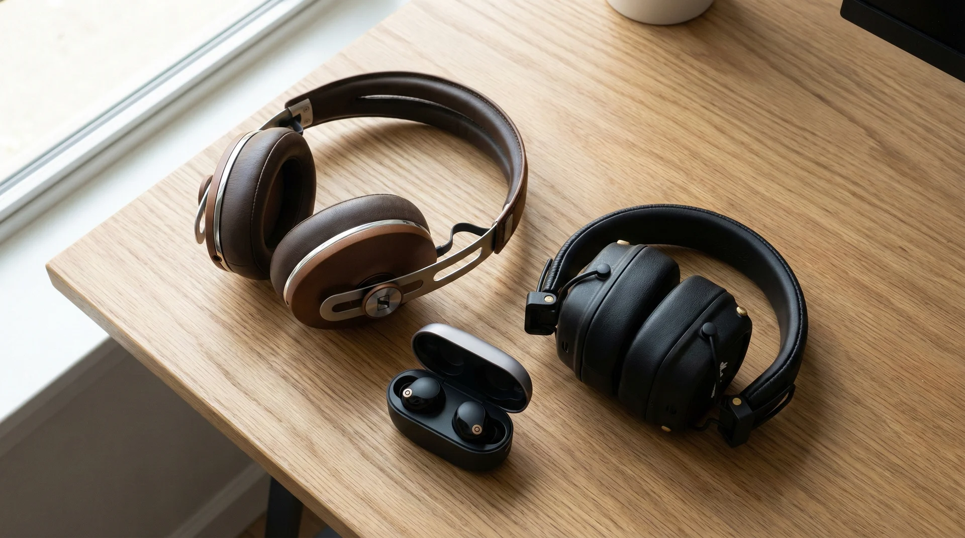 A side-by-side visual comparison of over-ear, on-ear, and in-ear headphones on a desk.