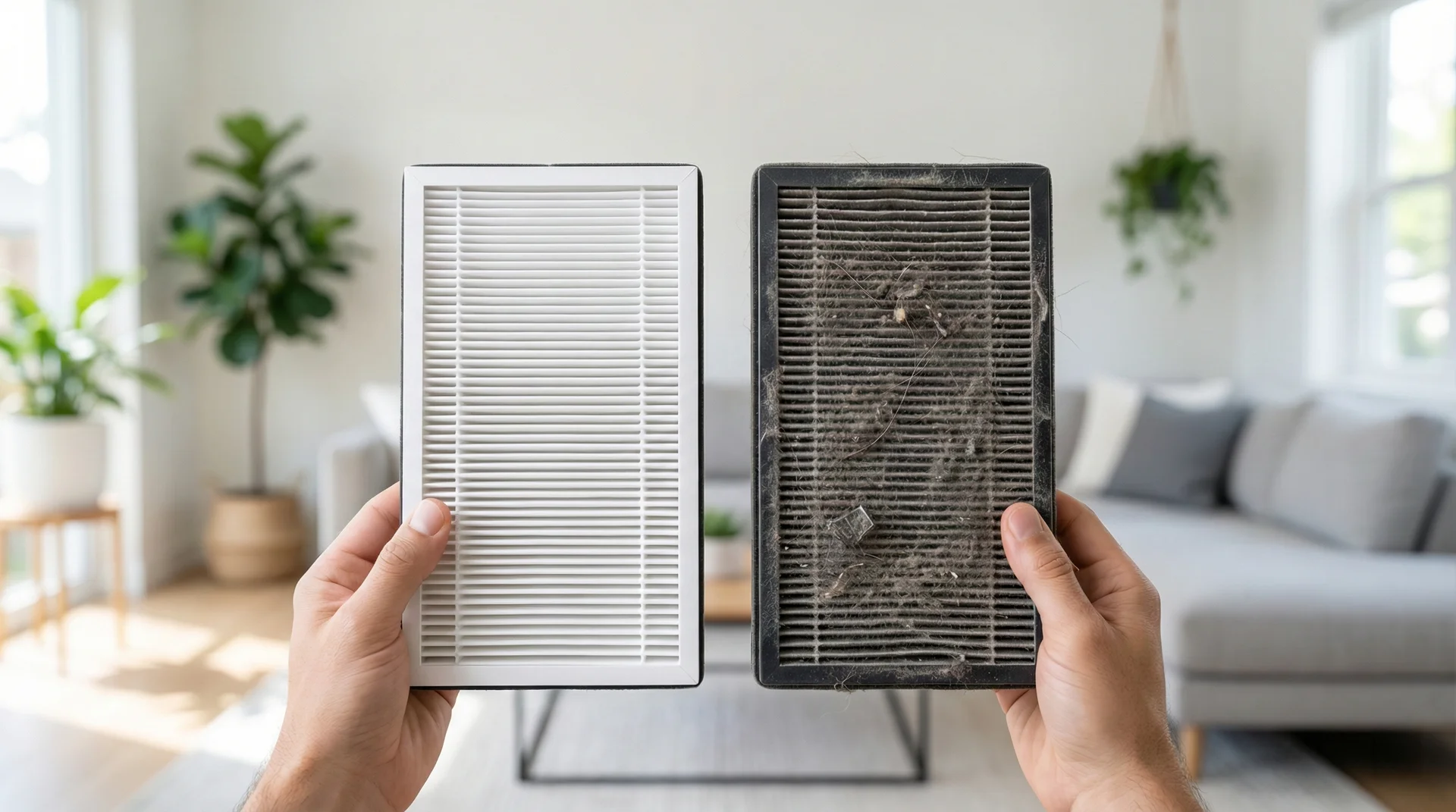 A side-by-side comparison of a clean white HEPA filter and a dirty, dust-clogged gray filter.
