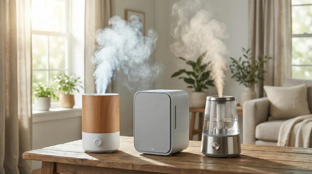 A comparison layout showing ultrasonic, evaporative, and warm mist humidifiers side-by-side on a wooden table.