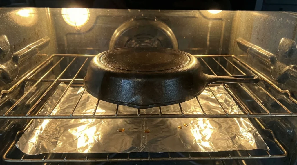 A cast iron skillet placed upside down on an oven rack with aluminum foil below it during the seasoning process.