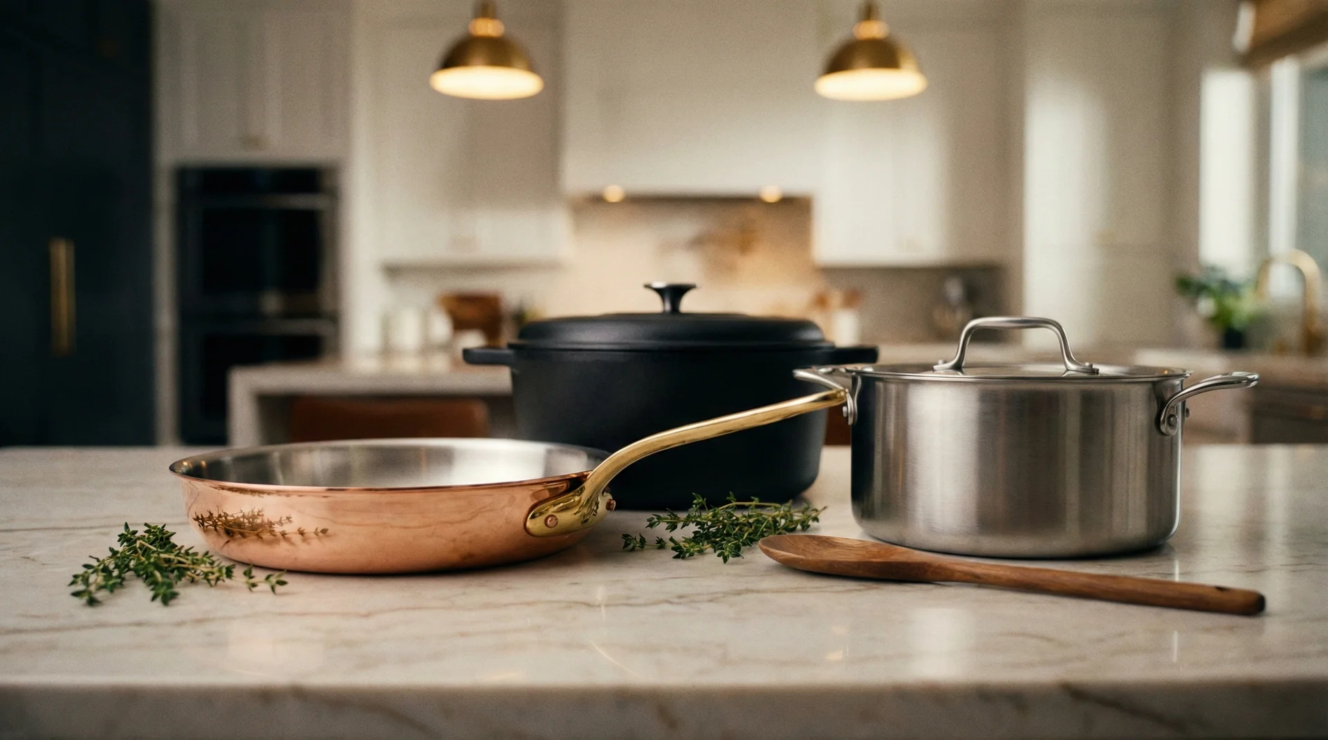 A professional arrangement of copper, cast iron, and stainless steel cookware on a marble countertop in a modern kitchen.