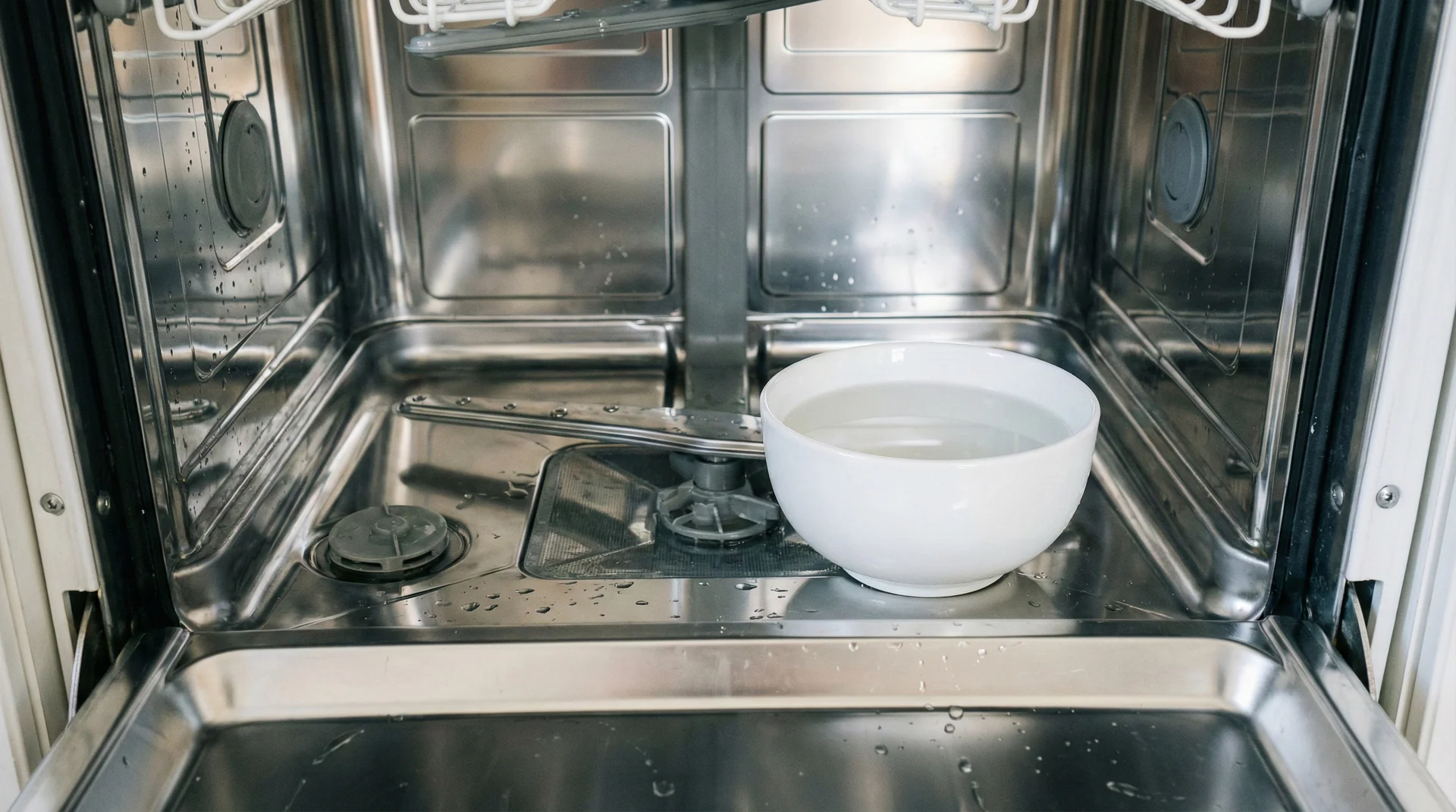 A ceramic bowl filled with white vinegar placed on the top rack of a dishwasher for cleaning.