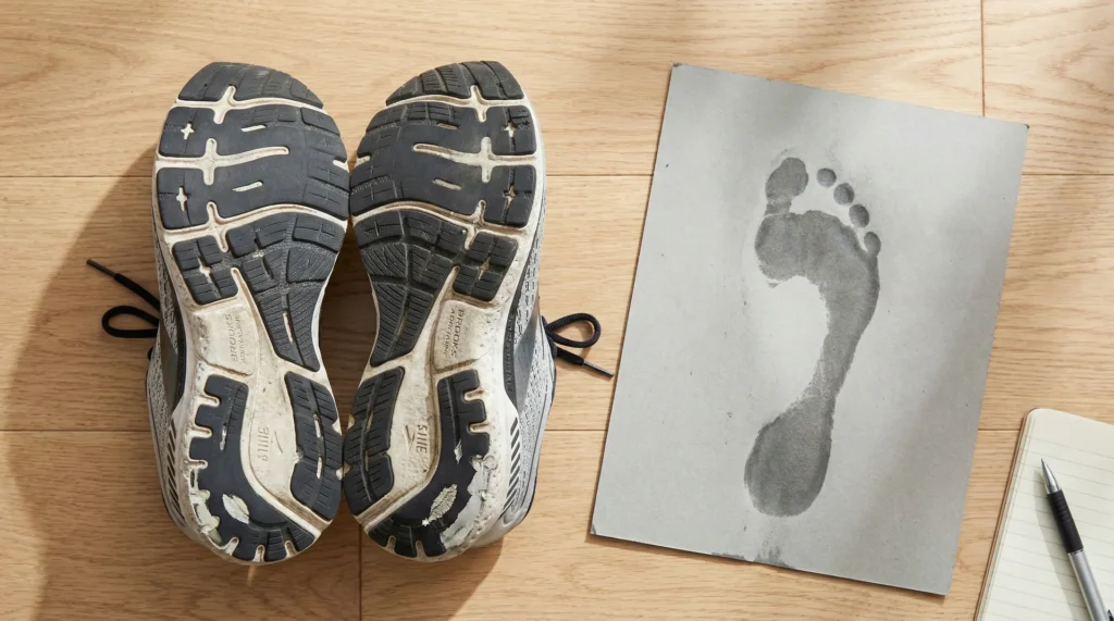 A pair of worn running shoes showing outsole wear patterns next to a wet footprint on a piece of paper for gait analysis.