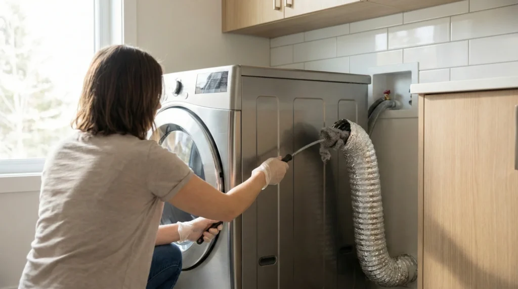 A person cleaning out lint from a metal dryer vent duct to prevent fire hazards and improve efficiency.