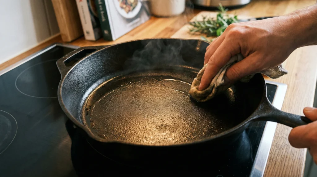 A hand using a cloth to rub a protective layer of oil into a warm cast iron skillet on a stove.