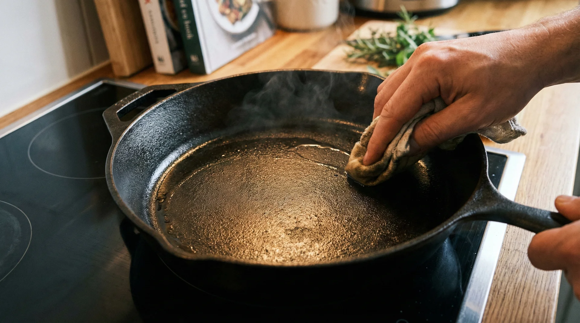 A hand using a cloth to rub a protective layer of oil into a warm cast iron skillet on a stove.