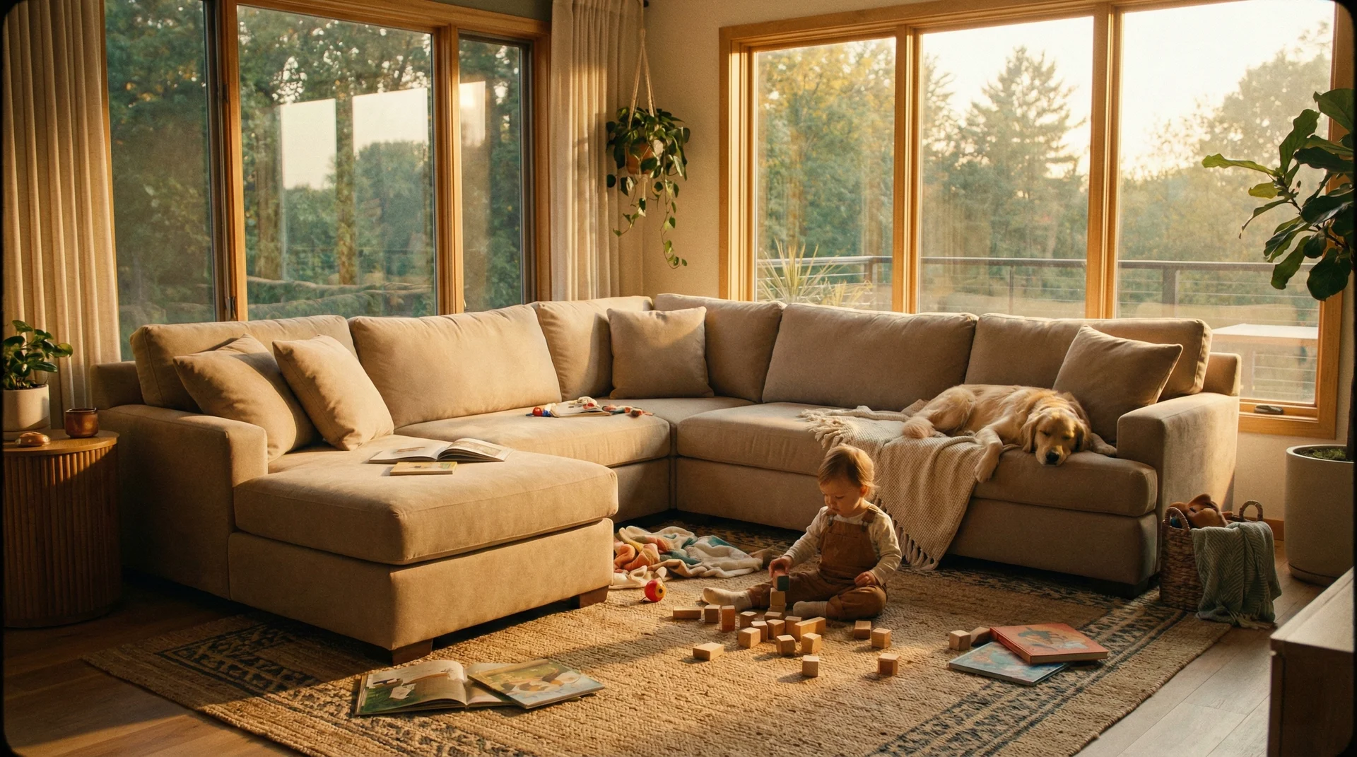 A durable microfiber sofa in a sunlit living room with a dog and a child, illustrating lifestyle-appropriate fabric choices.