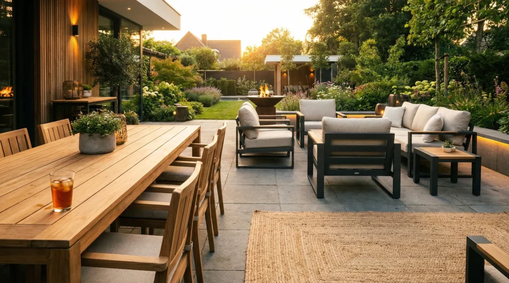 A luxurious patio setup featuring durable teak and aluminum furniture designed to withstand the elements.