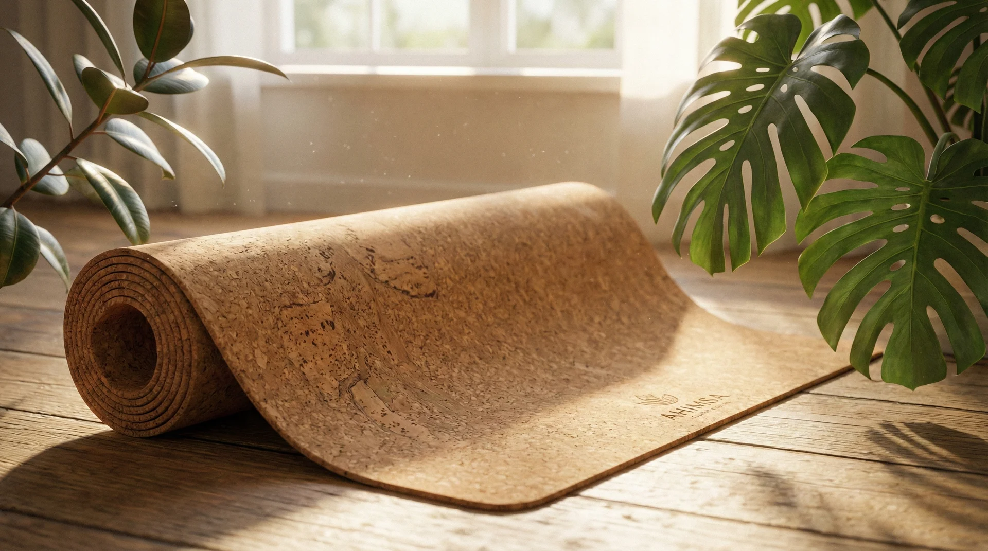 A close-up of a sustainable cork yoga mat on a wooden floor next to a green plant, highlighting eco-friendly materials.