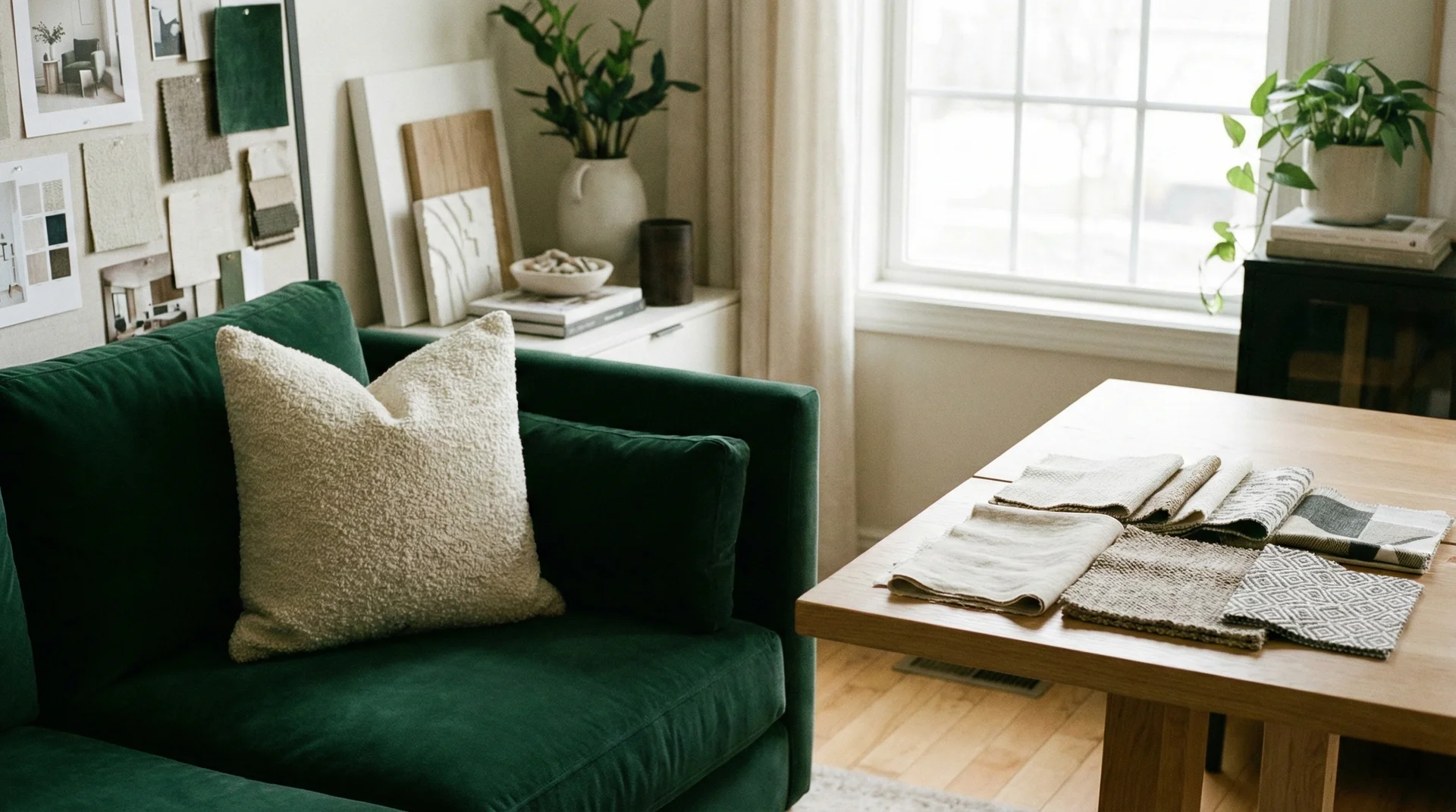 A close-up of an emerald green velvet sofa with a textured cream bouclé pillow and various fabric swatches.