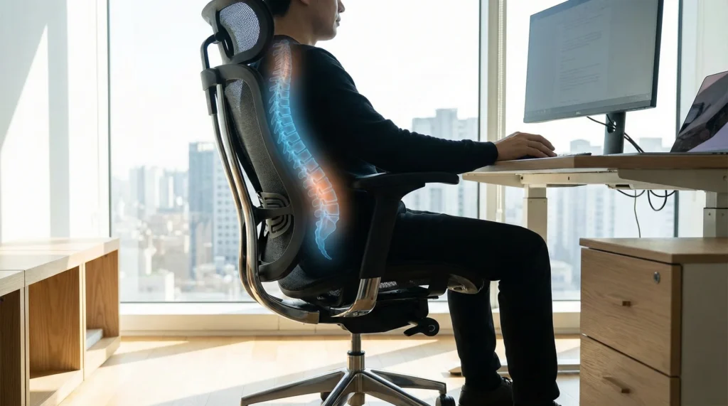 Side view of a person sitting in an ergonomic chair showing the natural S-curve of the spine supported by lumbar padding.