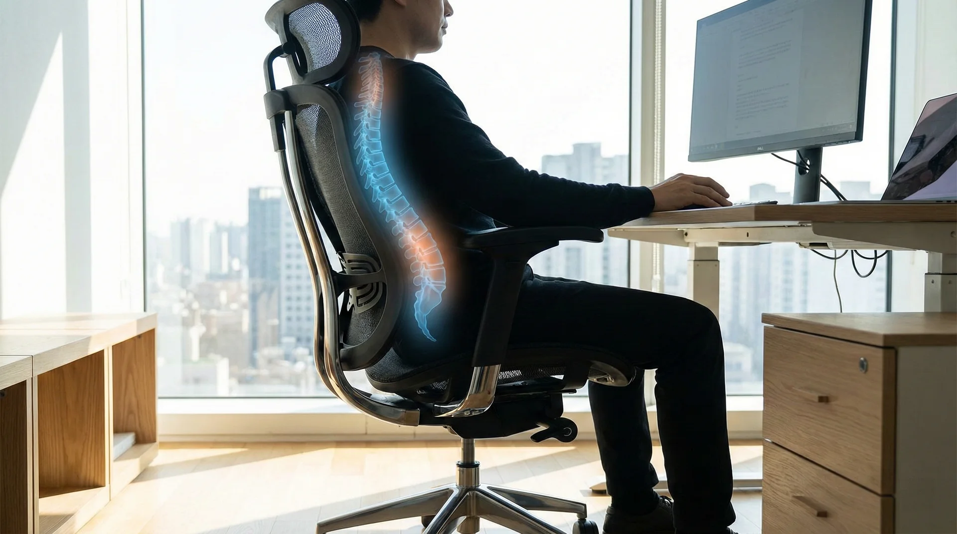 Side view of a person sitting in an ergonomic chair showing the natural S-curve of the spine supported by lumbar padding.